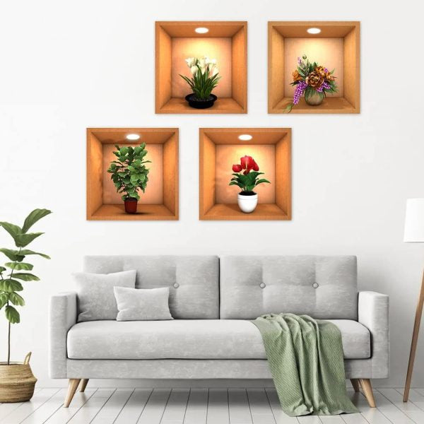 4 Sheets Flower Decoration Art Magic Sticker,3d Vinyl Removable Wall Sticker Decals Diy, Plants False Niche Green Potted Plants Mural (style-b)