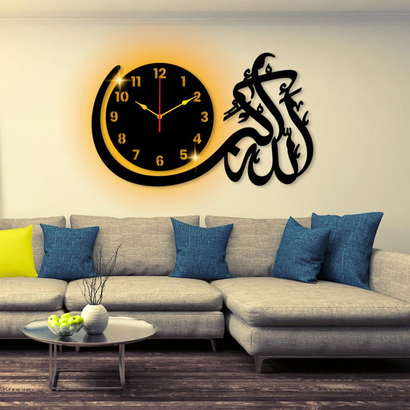 ( With Light ) Allah Hu Akbar Wall Clock I Wall Clocks For Bedroom I Quartz Watch Diy Design