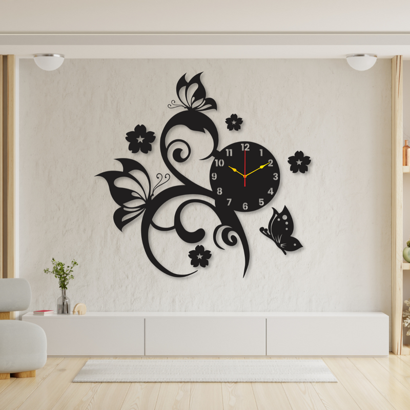 3d Beautiful Butterflies And Flowers | Premium Wall Clock / Wooden Wall Clock For Living Room & Office Decoration