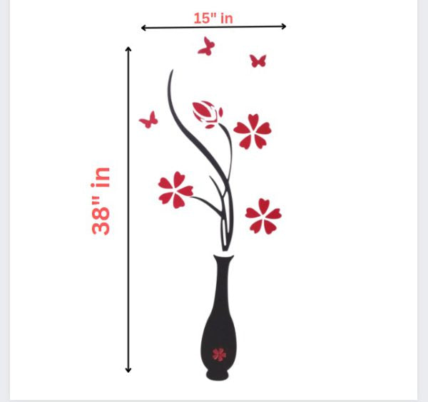 Vase Sticker For Home Decoration Items | Black Vase With Red Big Flowers For Wall Decor | 38×15″